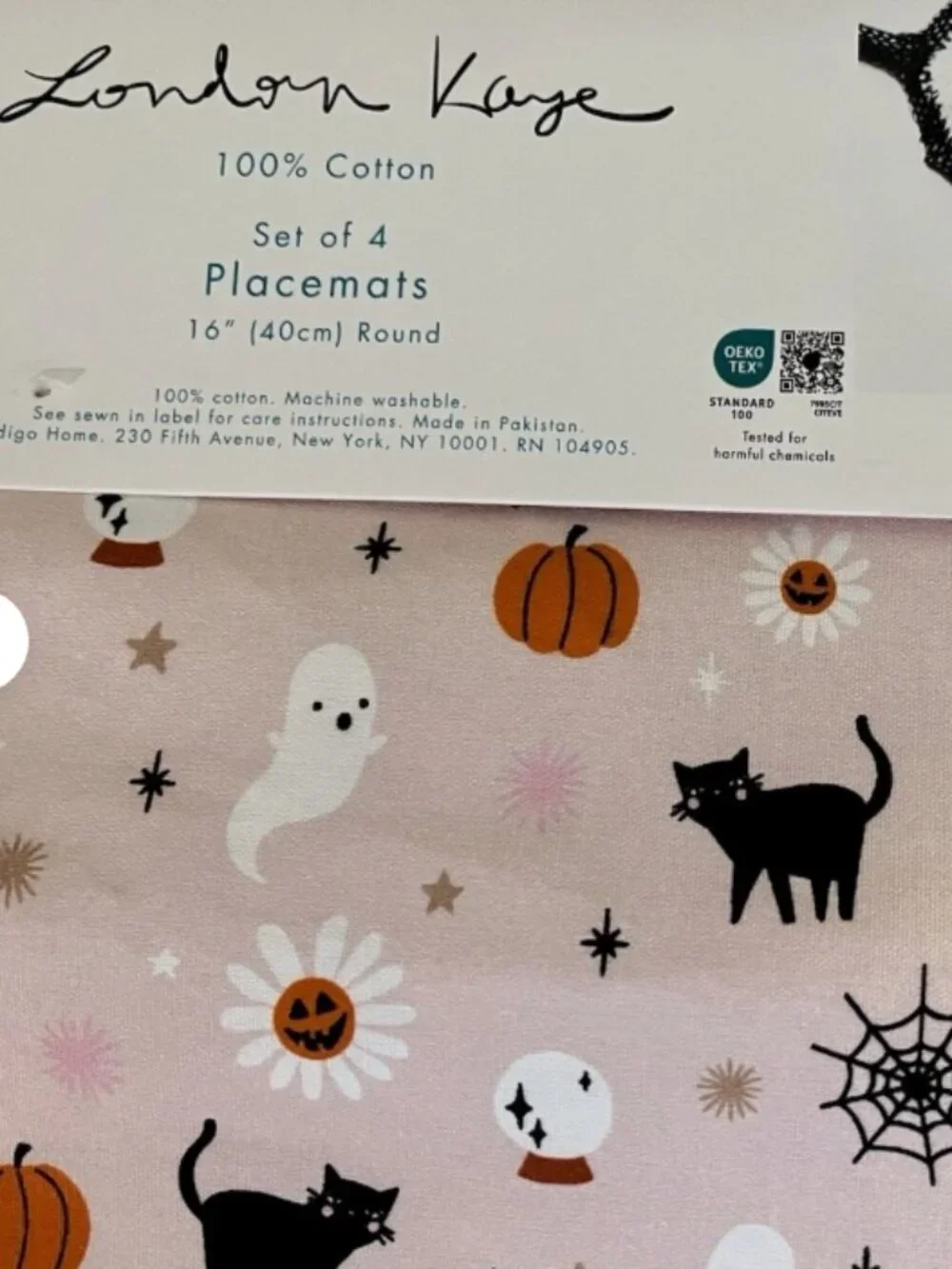 NWT London Kaye Halloween Blush Color Spooky Set of 4 Cotton Round Placemats